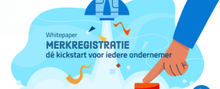 Tekst: whitepaper Merkregistratie de kickstart voor iedere ondernemer. Illustratie van een knop die wordt ingedrukt en een raket die opstijgt