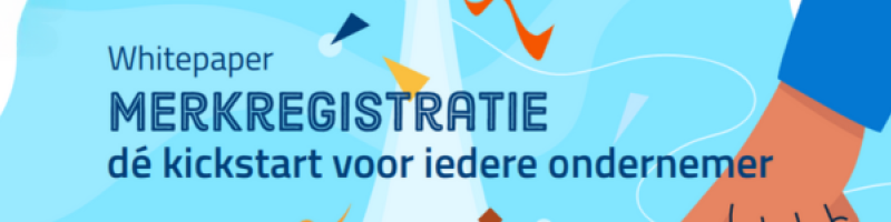 Tekst: whitepaper Merkregistratie de kickstart voor iedere ondernemer. Illustratie van een knop die wordt ingedrukt en een raket die opstijgt.